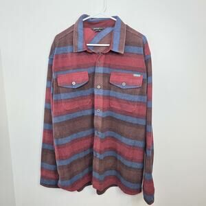Eddie Bauer Burgundy Blue Striped Fleece Outdoor Button Up Shirt Shacket Size XL